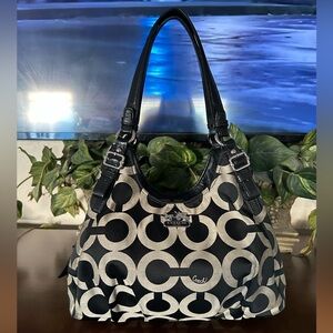 Coach Black and Champagne Signature Logo Shoulder Bag